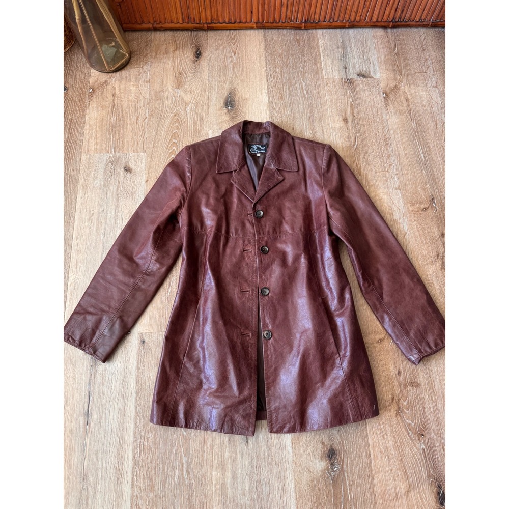 Vera Pelle Vintage Italian Leather Coat Burgundy Brown Size 44 Made in Italy